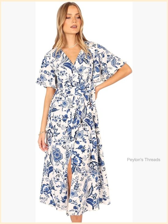 Dresses & Skirts - Women's Floral Midi Wrap Dress with Attached Tie Waist